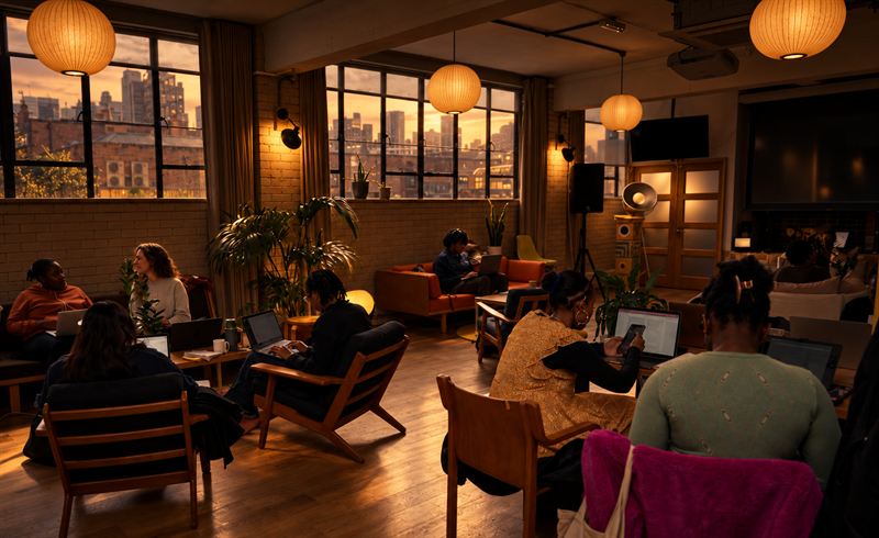 A warm lounge at golden hour, with people working and talking in mid-century armchairs beneath paper lanterns, the city glowing through tall windows.